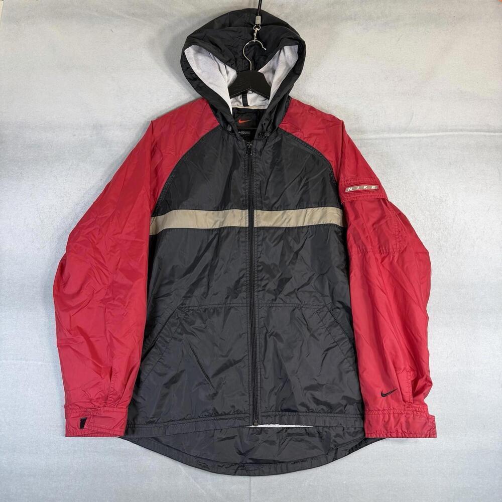 VTG 90s Nike Windbreaker Jacket Mens Medium Black Red Full Zip Hooded Swoosh